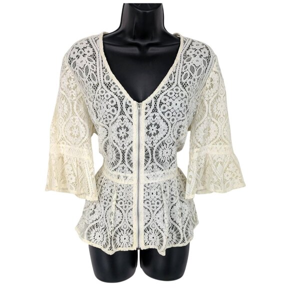 Chicos Sheer Lace Peplum Top Size M Zip Up Bell Sleeve Floral Feminine Romantic - Picture 1 of 11